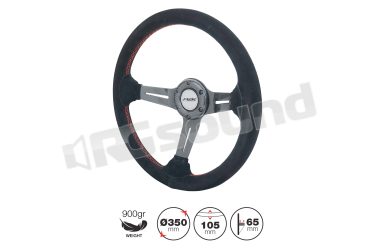 TOMMI volante in camoscio nero, cucitura rossa, razza in carbonio diam. 350mm, calice 65mm Simoni Racing
